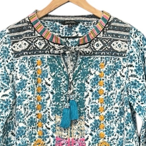John Mark Boho Embroidered Floral 3/4 Sleeve Peasant Tunic Top Turquoise Small - Picture 5 of 15